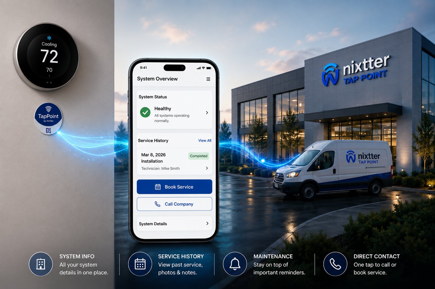 A TapPoint tag on a home wall taps to open the homeowner's app showing system status and service history