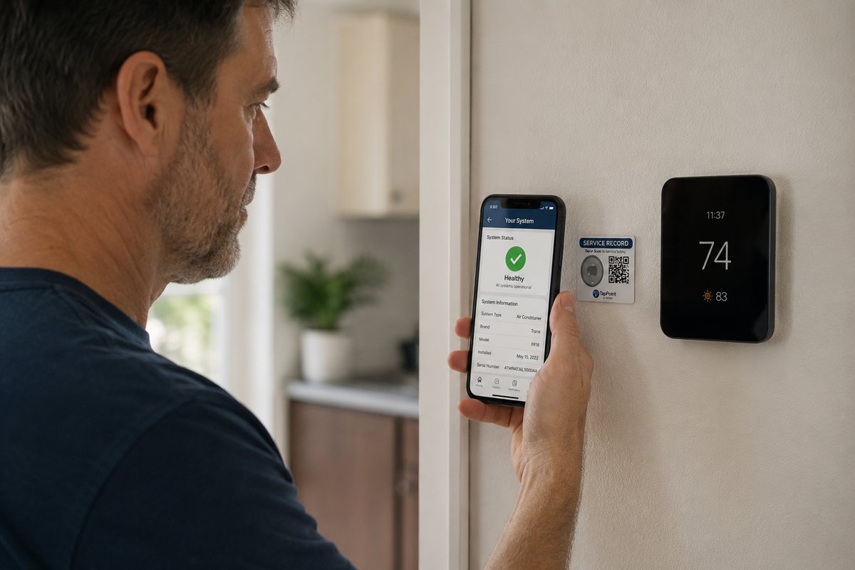 A homeowner taps their phone on the TapPoint service tag next to their thermostat and instantly sees their system status and details