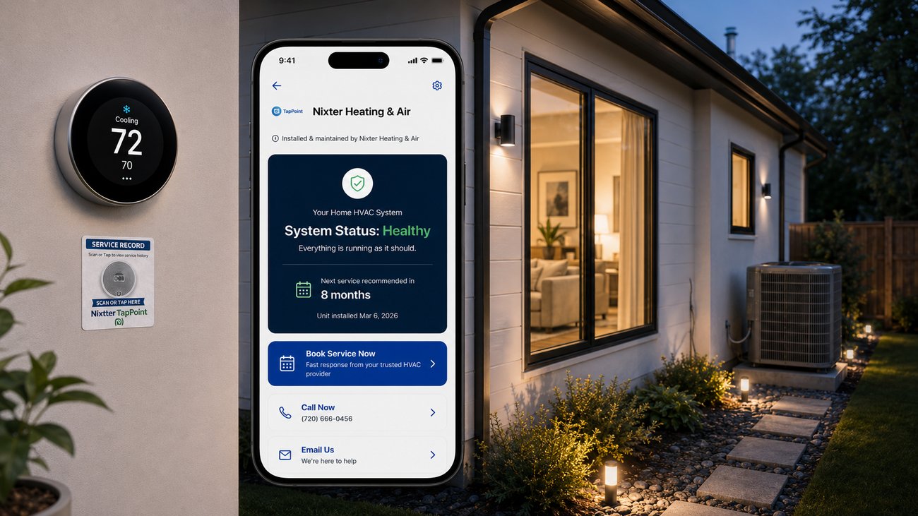 A TapPoint service tag on the wall beside a smart thermostat, with the homeowner's app showing their HVAC system status as healthy and the next service date